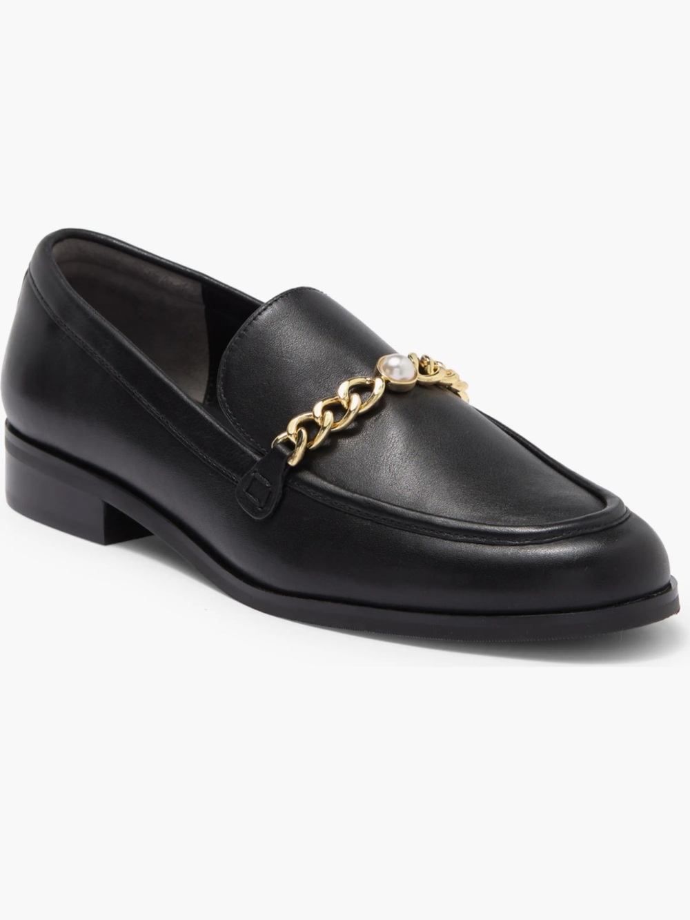 Stuart Weitzman Black Leather Pearl Chain-Detail Loafer